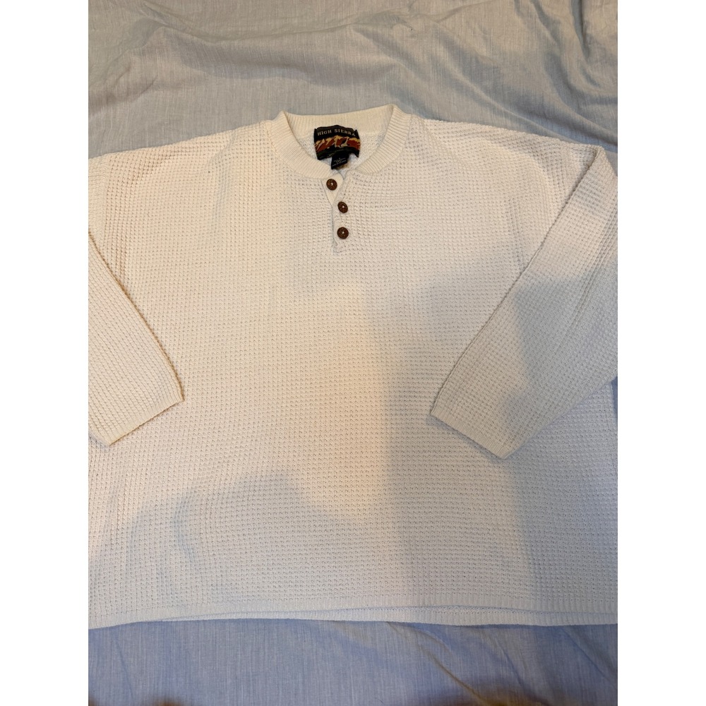 High Sierra Mens Large Henley Sweater Cream Cotton Waffle Knit Made in USA L